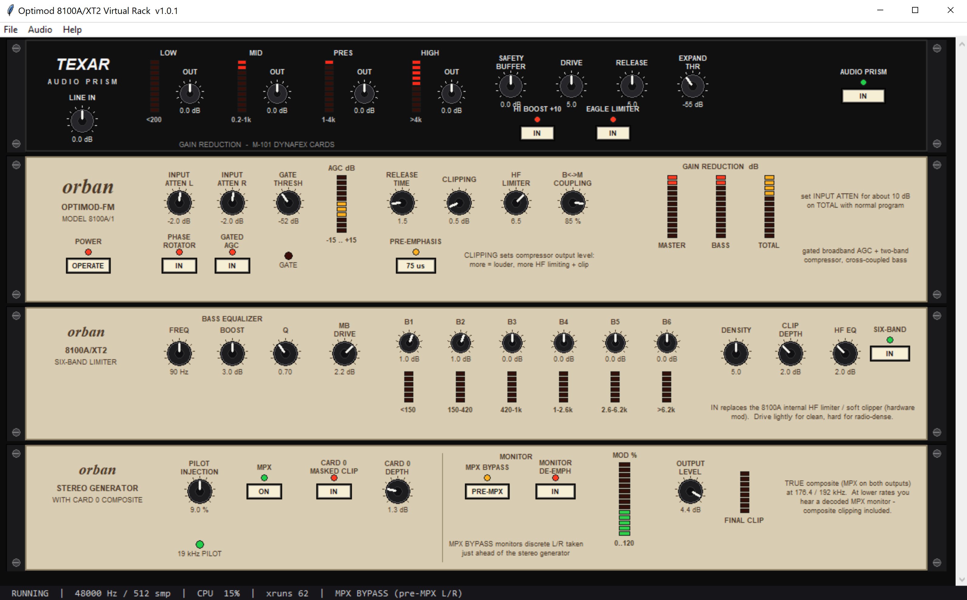 The full Optimod 8100A/XT2 Virtual Rack interface: Texar Audio Prism, Orban Optimod-FM 8100A/1, the XT2 six-band limiter and the stereo generator with Card 0 composite clipper